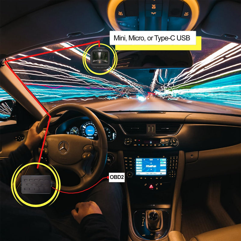 GekoGear – Kit OBD2 intelligent pour dashcam avec connexions Mini USB, Micro USB et USB-C