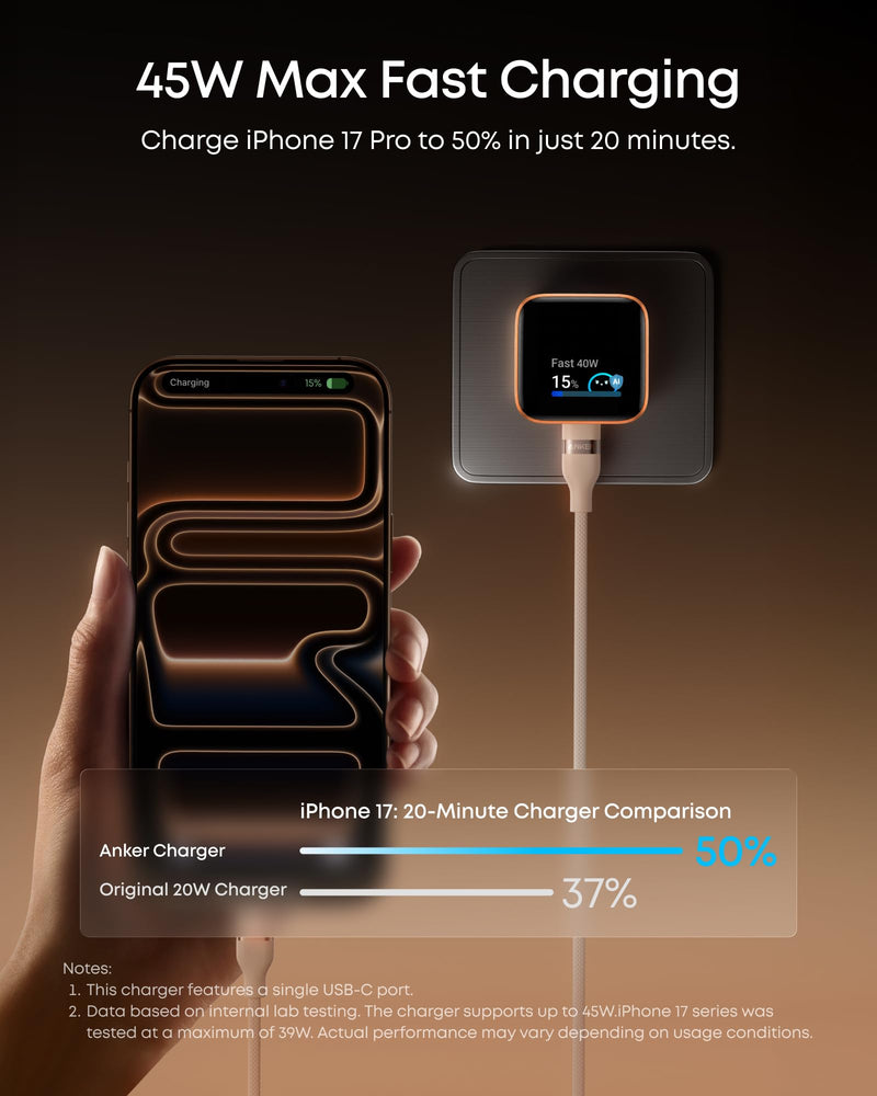 Anker - Nano (A121D) - 45W USB-C Wall Charger with Smart Display - Black