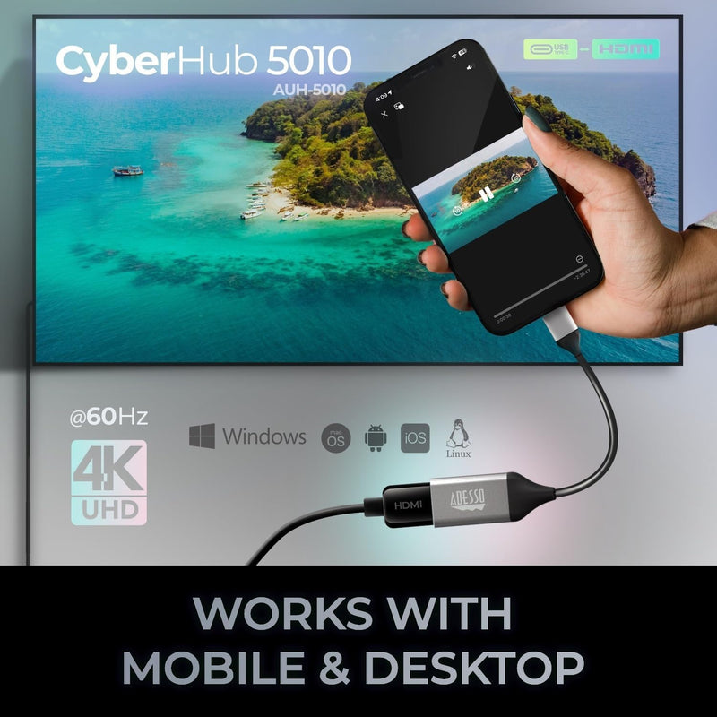 Adesso – Adapter USB-C to HDMI 4K at 60Hz HDMI Output Plug-and-Play