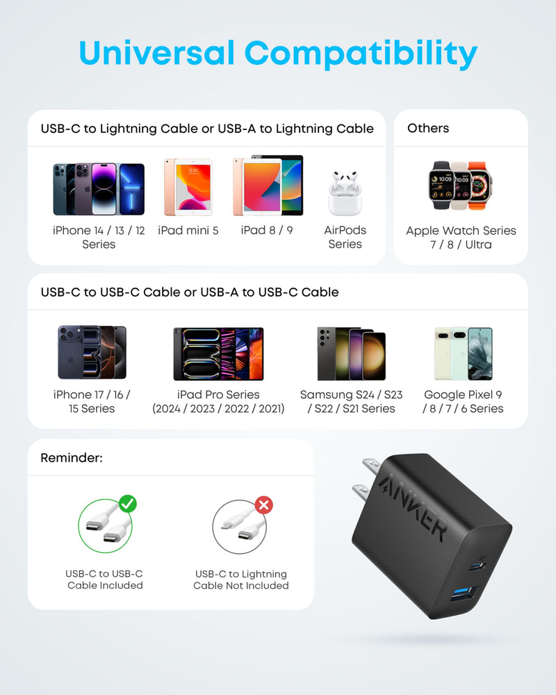 Anker - A2348 - 20W Dual-Port Wall Charger with Cables - 2-Pack - Black