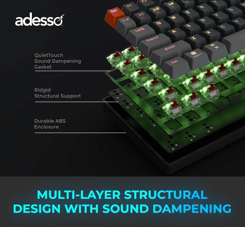 Adesso – Wired/Wireless/Bluetooth Multi-OS Illuminated Mechanical QMK VIA Compact Keyboard With CoPilot Ai Hotkey (Red Switch)