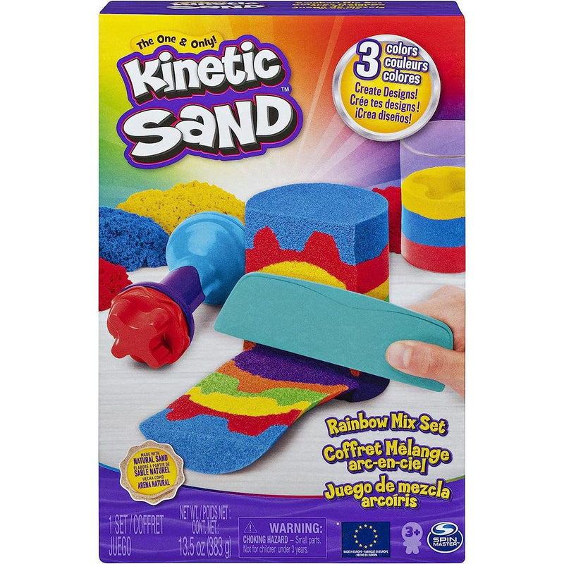 Kinetic Sand Rainbow Mix set, retail box with red, yellow and blue sand and shaping tools