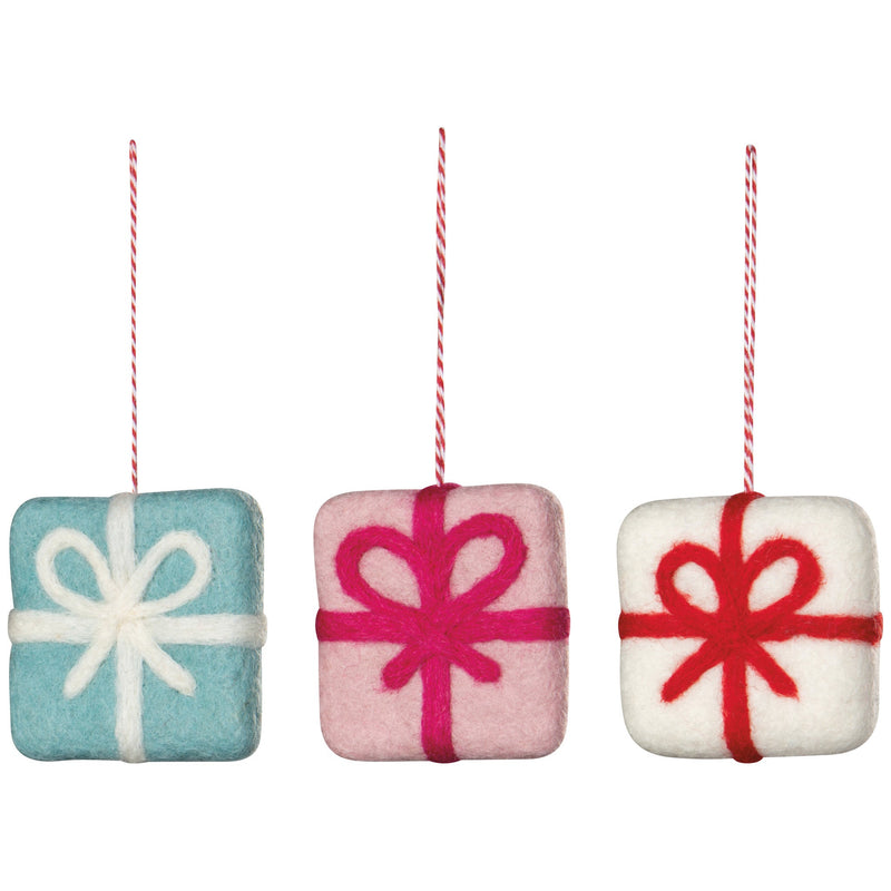 Danica Jubilee Presents wool felt ornaments, blue, pink and white gifts shown as possible random styles
