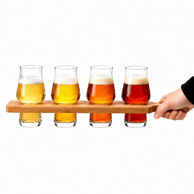 Masterbrew Craft Beer Tasting Flight with Bamboo Paddle (Set of 4 Glasses) | 190 mL / 6.6 oz – lifestyle or serving view