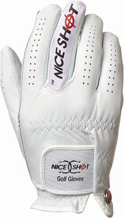 Nice Shot The Bird white right-hand golf glove – palm view