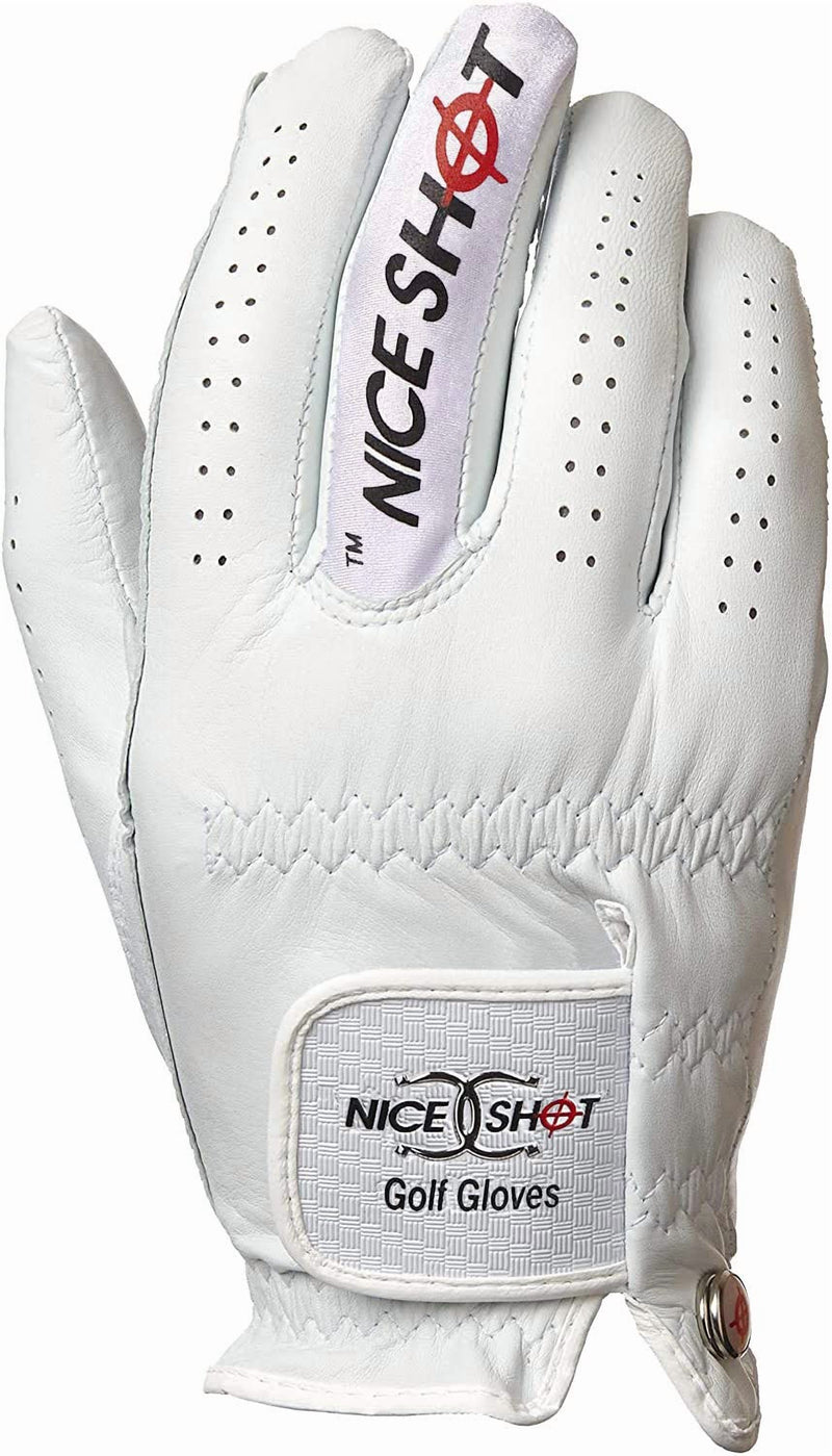Nice Shot The Bird white right-hand golf glove – palm view