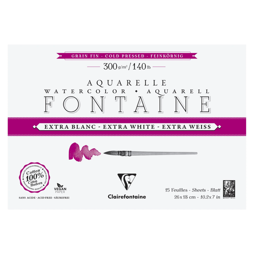 Watercolour glued pad  4 sides Fontaine extra white fine grain 300G 15 sheets (10.2 x 7.1 in)