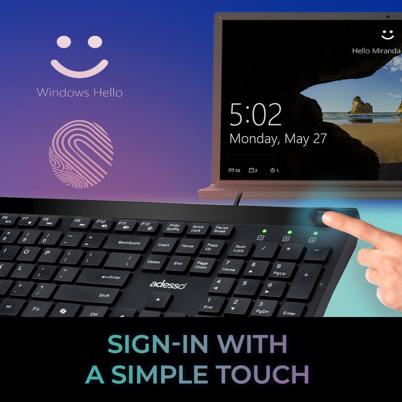 Adesso – Keyboard & Mouse Combo Wired Quiet Switch Low Profile with Fingerprint Reader - Black