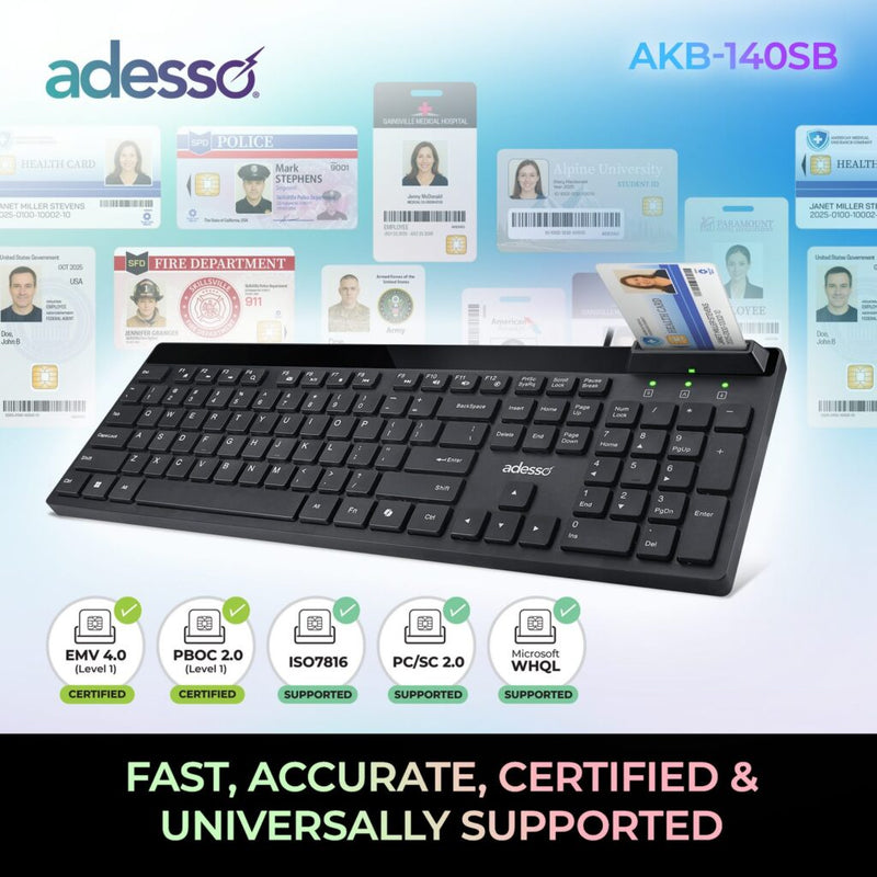 Adesso – Keyboard & Mouse Combo Wired Quiet Switch Low Profile with Smart Card Reader - Black