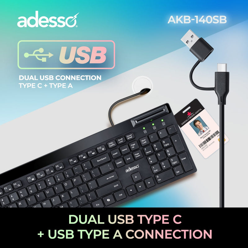 Adesso – Keyboard & Mouse Combo Wired Quiet Switch Low Profile with Smart Card Reader - Black