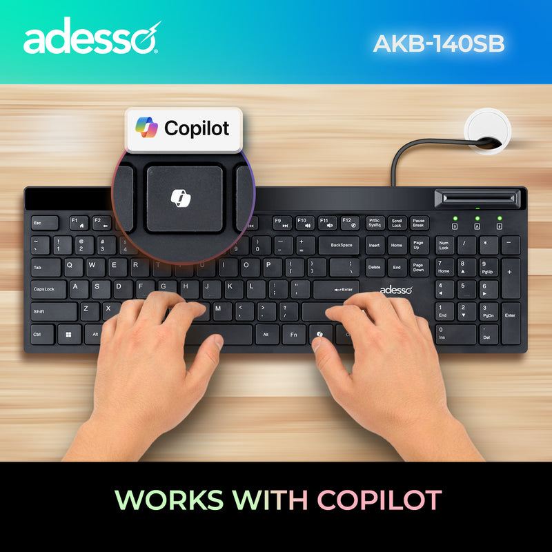 Adesso – Keyboard & Mouse Combo Wired Quiet Switch Low Profile with Smart Card Reader - Black