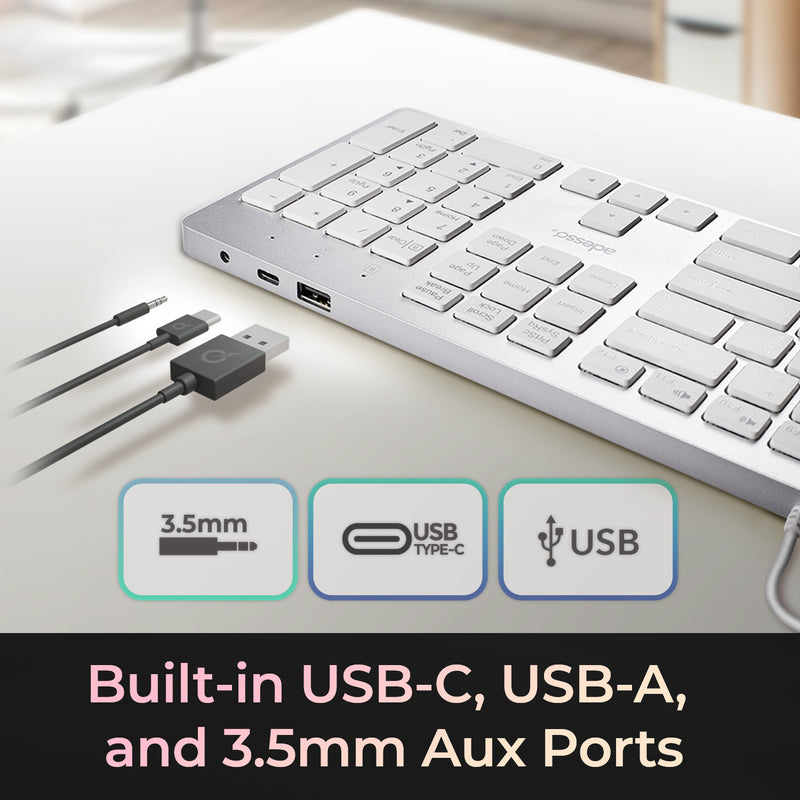 Adesso – Keyboard Wired EasyTouch USB-C Connector Copilot AI Hotkey Built in Hub with USB-A USB-C 3.5mm PC/Mac/Android - White