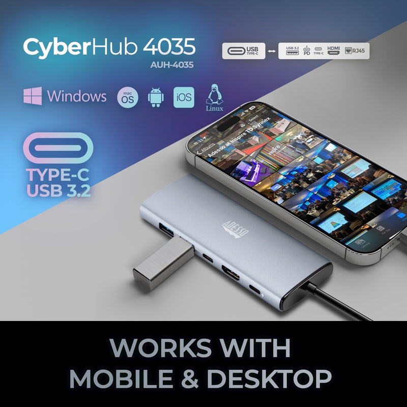 Adesso – Docking Station 6-in-1 Multiport supports USB C to HDMI, PD, RJ45, 2 x USB A, USB-C