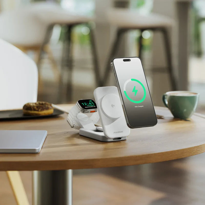 Alogic - Qi2 Charging Stand 2-in-1 Flip 2 Phone (15W) & Watch (3W) Charger with 3ft USB-C to USB-C Cable - White - Limolin 
