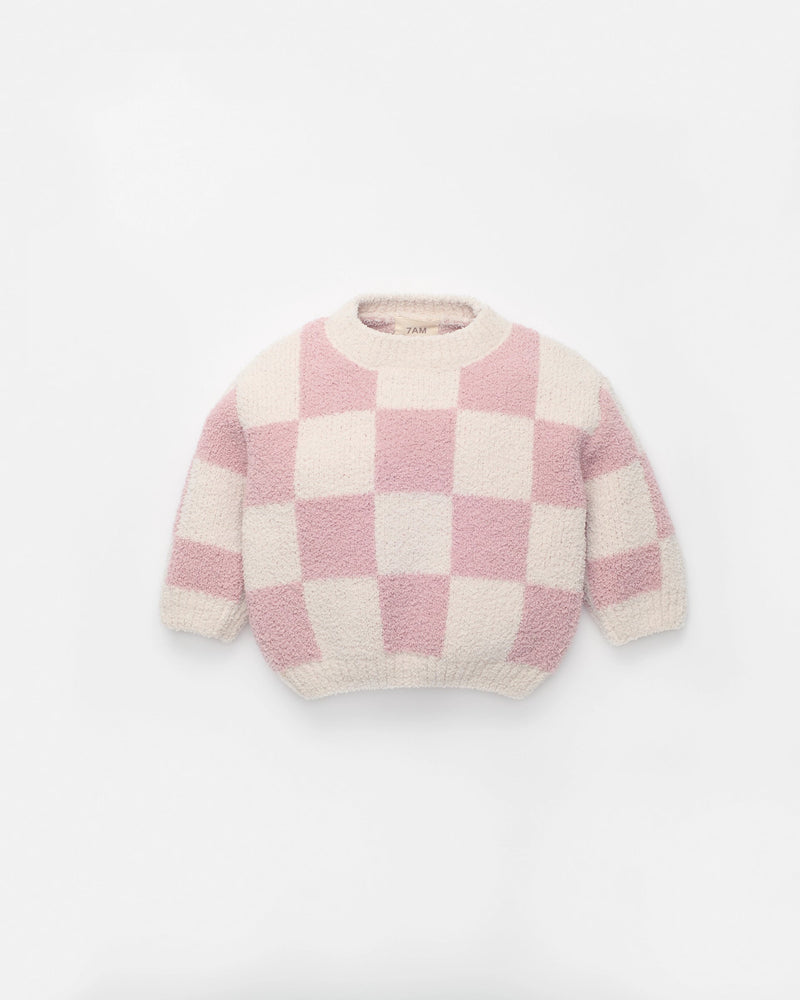 7AM - Checkers Boxy Sweater - Ecru, Ash Rose - 9-12M