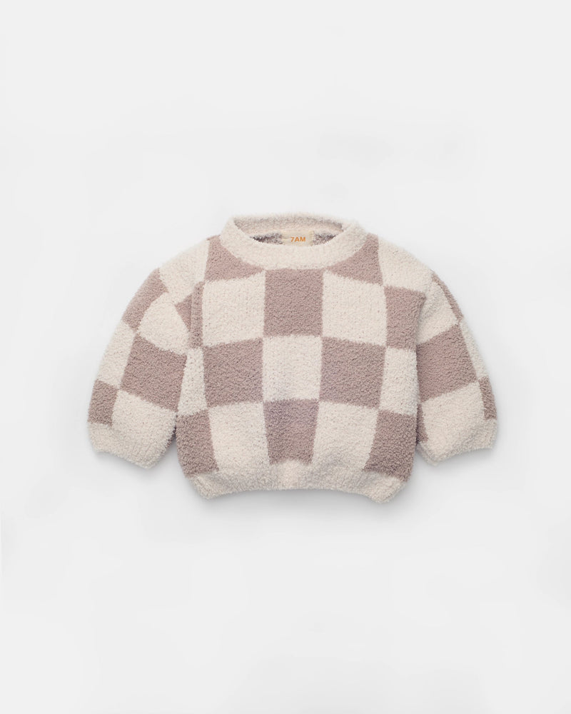 7AM - Checkers Boxy Sweater - Ecru, Taupe - 9-12M