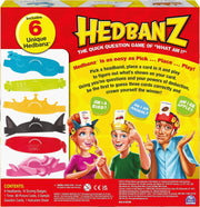 Spin Master Hedbanz guessing game, box back showing six headbands