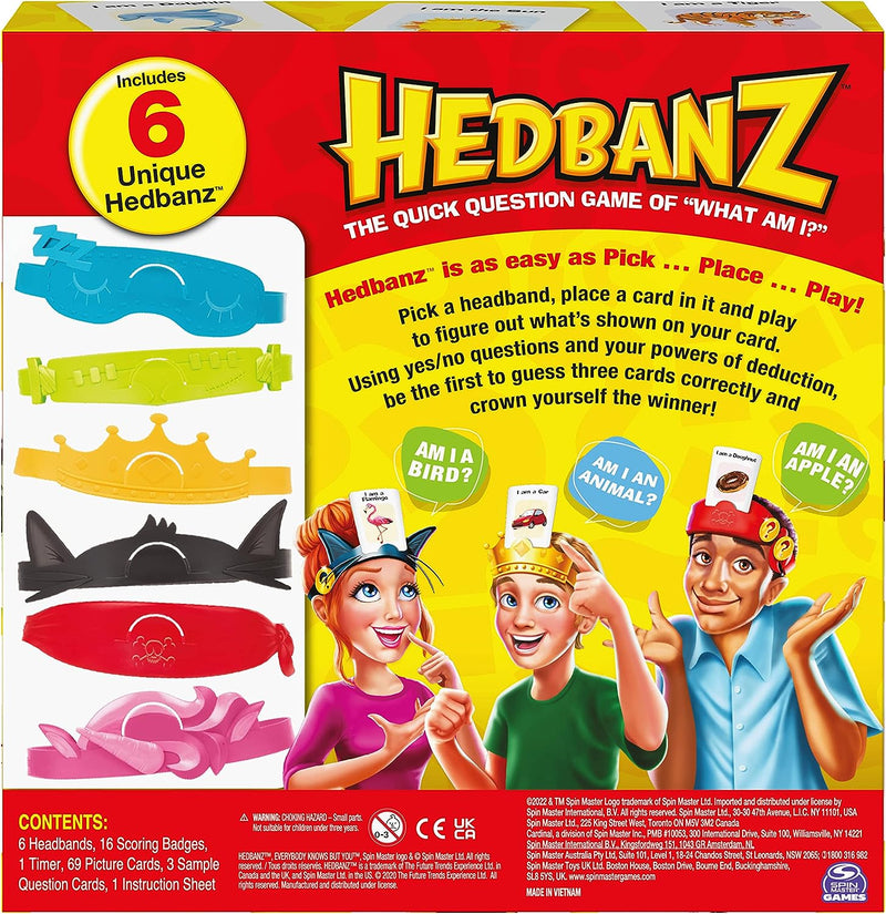 Spin Master Hedbanz guessing game, box back showing six headbands