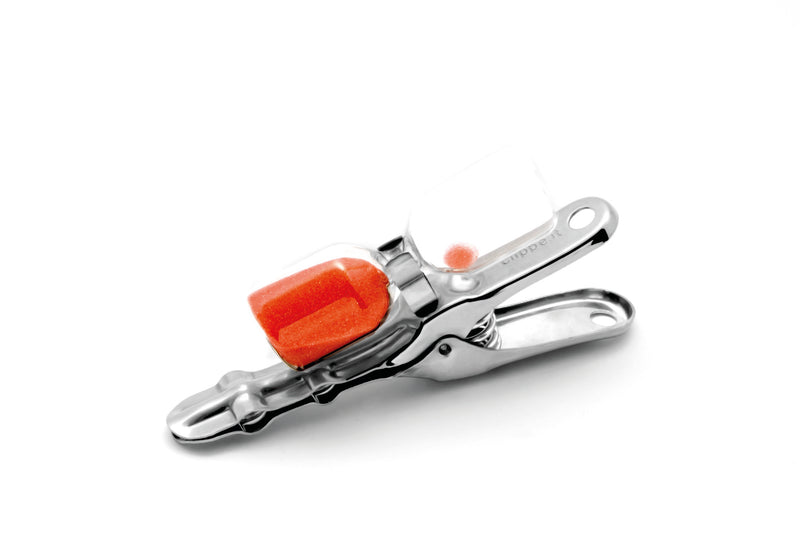 Clippe Clip 3Min hourglass timer, stainless steel clip with orange sand, front view