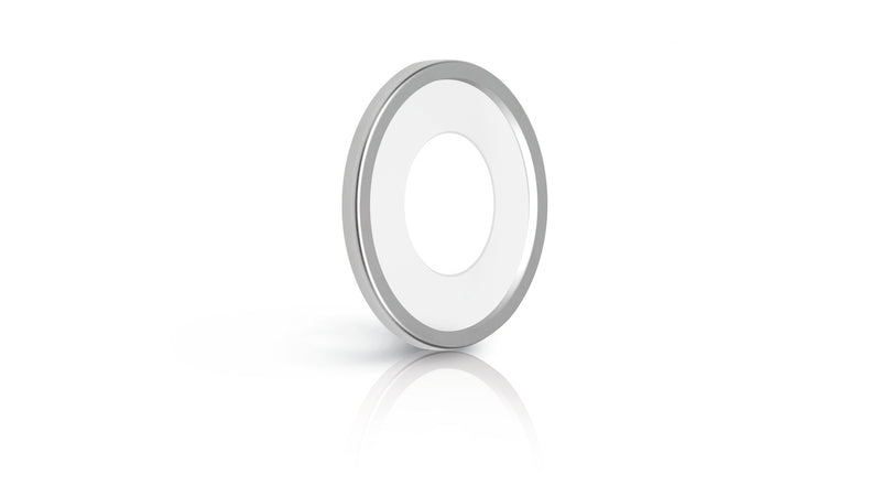 Olipac Dropsafe bottle collar, stainless steel and silicone ring, angled front view
