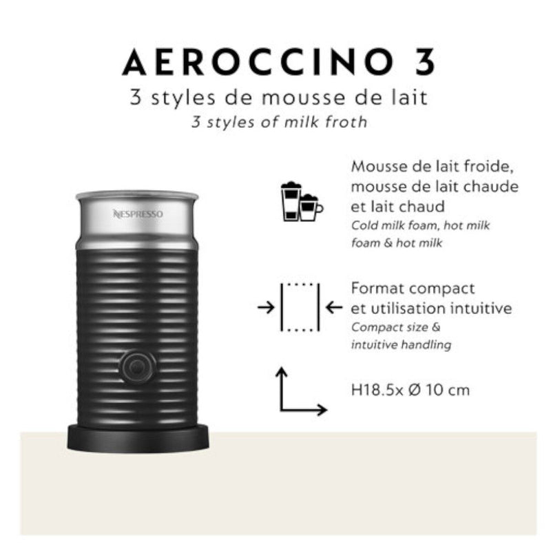 Nespresso ENV135BAECA Piano Black factory-serviced model – Aeroccino 3 frother feature graphic