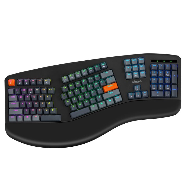 Adesso – Wireless/Bluetooth/USB Multi OS 2X Large Print Illuminated Ergonomic Mechanical Keyboard (Red switch)