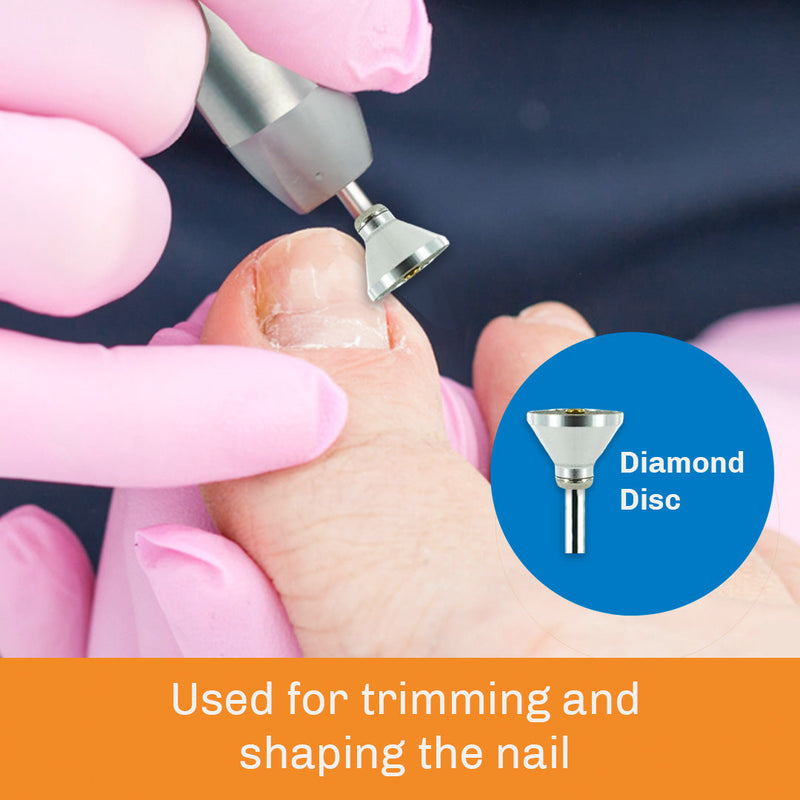 Medicool B1R-CM diamond disc bit shaping a toenail, application detail