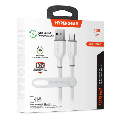 HyperGear - Flexi Pro Usb To Usb-C Soft-Touch Silicone Charge & Sync Cable | 10Ft | White - Limolin 