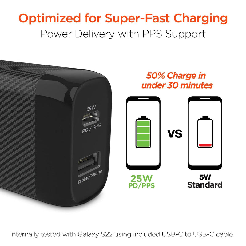 HyperGear - Wall Charger 2 Port Usb-A (12W) Usb-C (25W) Pd Pps Speedboost - Black - Limolin 