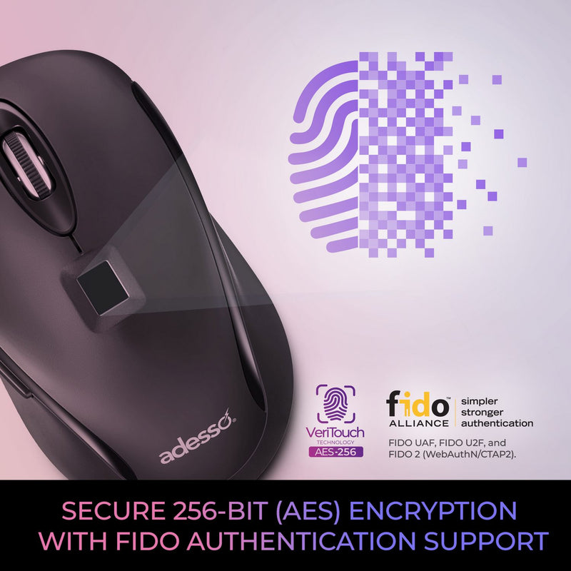 Adesso – Souris filaire 1200 ppp avec lecteur d’empreintes digitales intégré – Conforme aux normes TAA