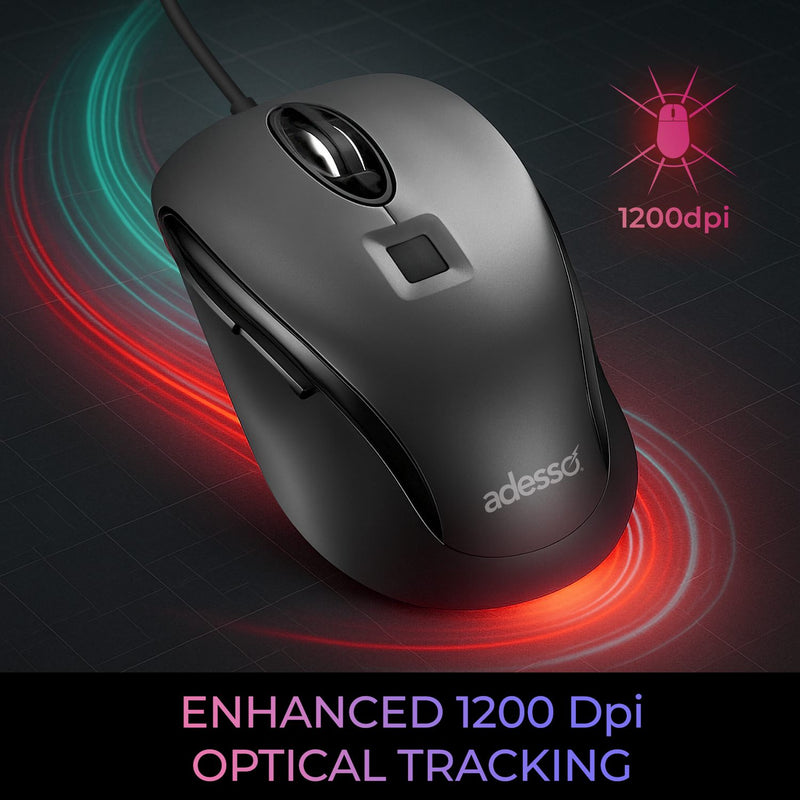 Adesso – Souris filaire 1200 ppp avec lecteur d’empreintes digitales intégré – Conforme aux normes TAA