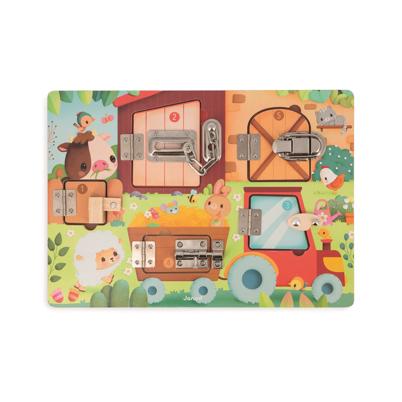 Janod The Farm wooden board with five doors and latches