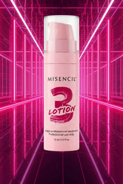 Misencil MISENLIFT Lotion 3 Shine Sealant, 15 mL airless bottle, pink display background