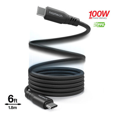 Naztech – REcoil 100W USB-C to USB-C Magnetic Braided Cable – Black | 6 ft / 1.83 m – front 100W magnetic cable, black