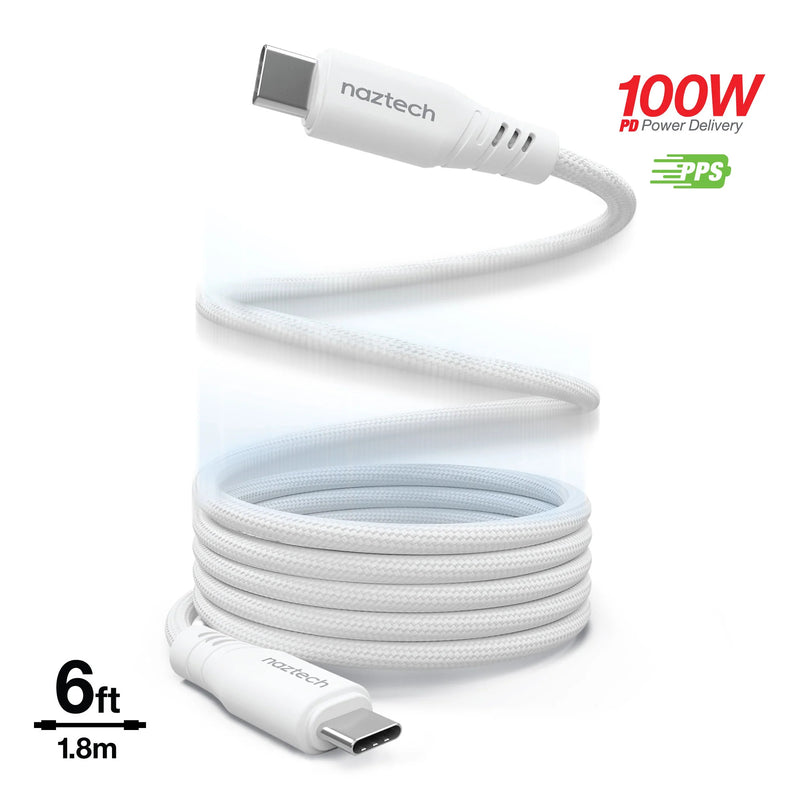 Naztech – REcoil 100W USB-C to USB-C Magnetic Braided Cable – White | 6 ft / 1.83 m – front 100W magnetic cable, white