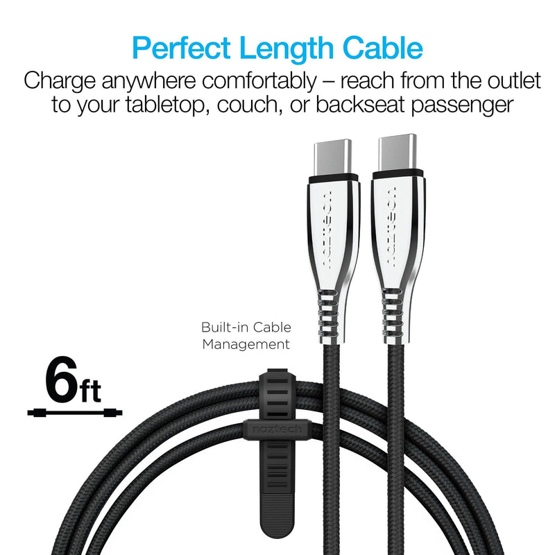 Naztech – Titanium 60W USB-C to USB-C Braided Cable – Black | 6 ft / 1.83 m – 6 ft cable length