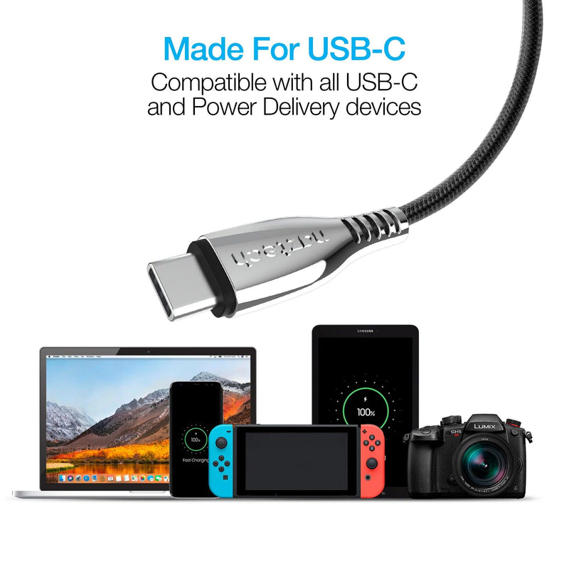 Naztech – Titanium 60W USB-C to USB-C Braided Cable – Black | 6 ft / 1.83 m – USB-C compatibility