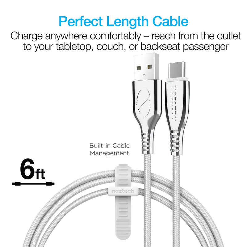 Naztech – Titanium USB-A to USB-C Braided Cable – White | 6 ft / 1.83 m – 6 ft cable length