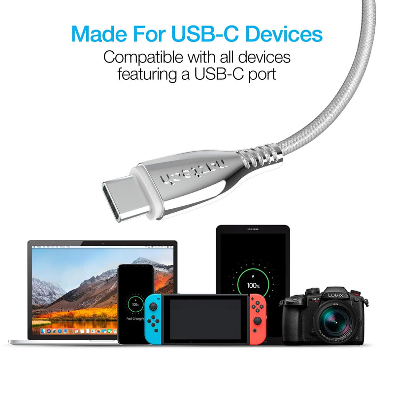 Naztech – Titanium USB-A to USB-C Braided Cable – White | 6 ft / 1.83 m – USB-C device compatibility