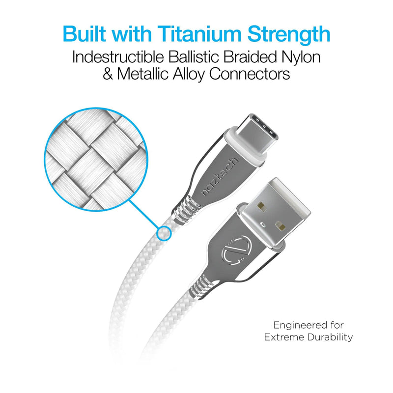 Naztech – Titanium USB-A to USB-C Braided Cable – White | 6 ft / 1.83 m – braided construction