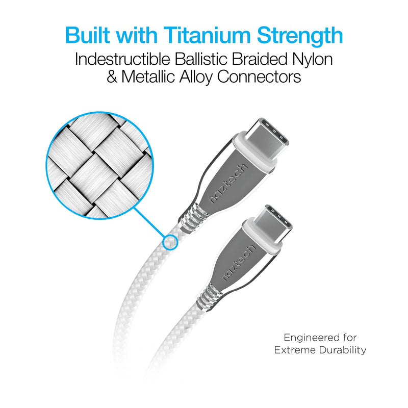 Naztech – Titanium 60W USB-C to USB-C Braided Cable – White | 6 ft / 1.83 m – braided construction
