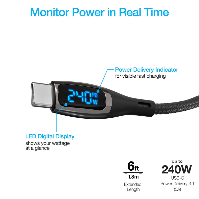 Naztech - Charge & Synch USB-C to USB-C 240W DigiWatt Fast Charge Cable with LED Power Display 6ft PD Industrial Strength Braided - Black - Limolin 