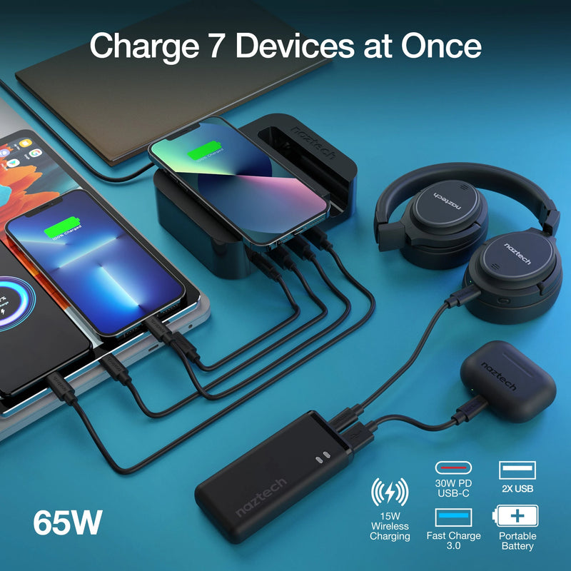 Naztech – Ultimate Charging Station Pro with 4,000 mAh Power Bank – Black – multi-device charging setup