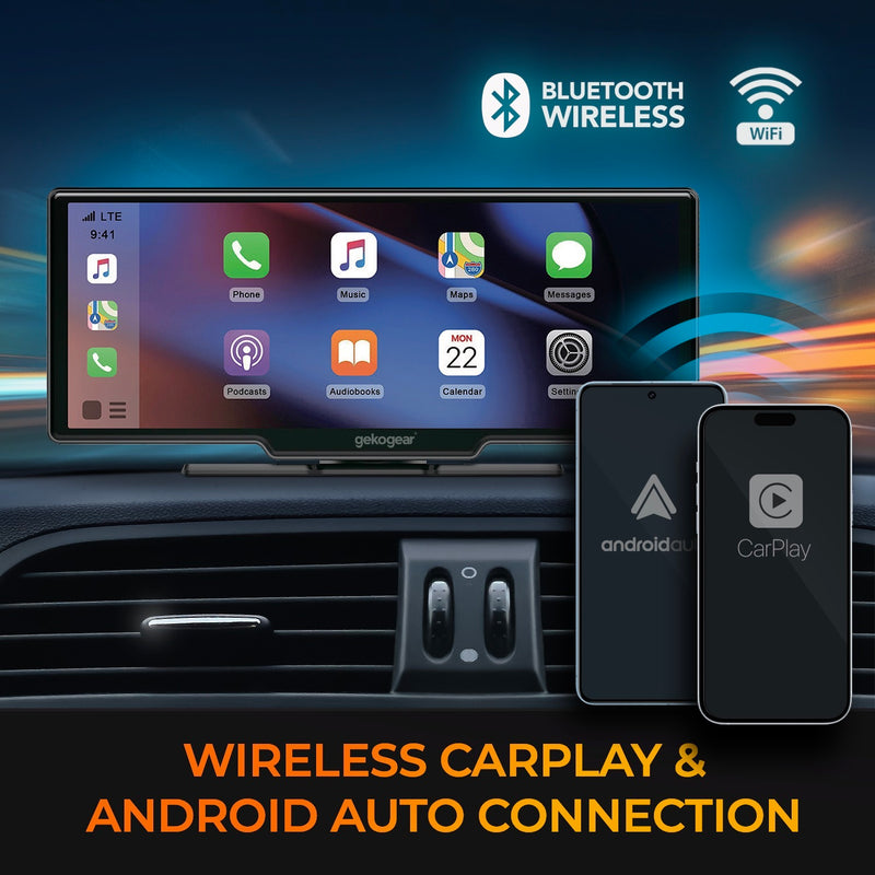 GekoGear – Dual Dashcam - Orbit C120 10.26 Portable Infotainment Display & Back Up Camera for Apple CarPlay Android Auto