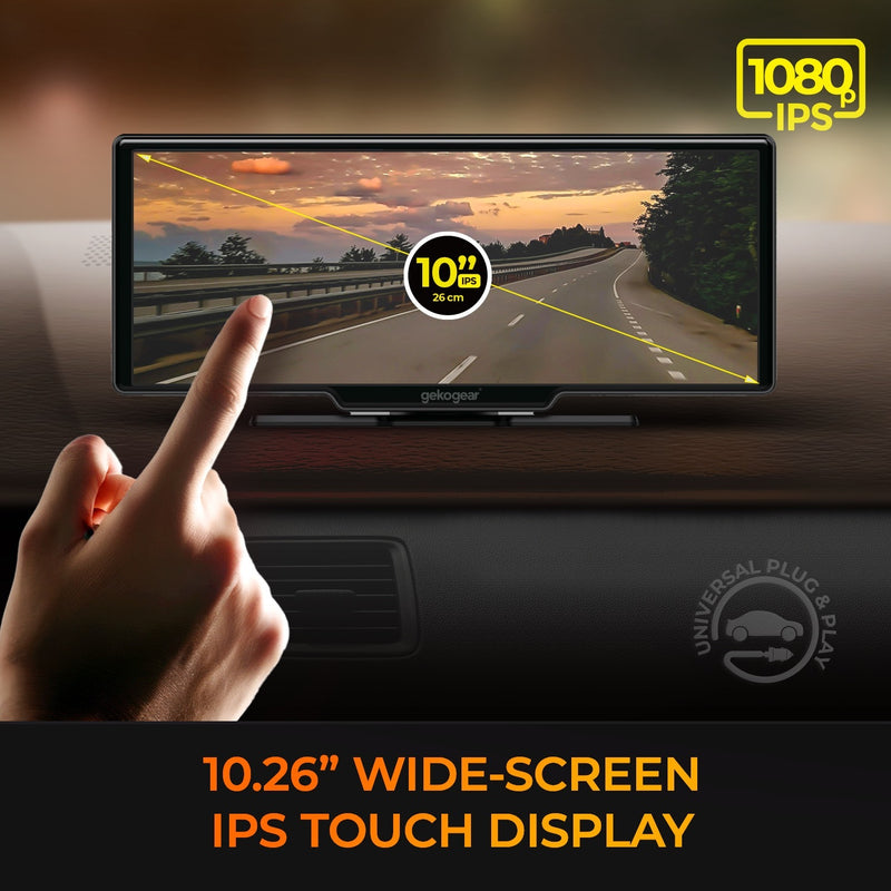 GekoGear – Dual Dashcam - Orbit C120 10.26 Portable Infotainment Display & Back Up Camera for Apple CarPlay Android Auto