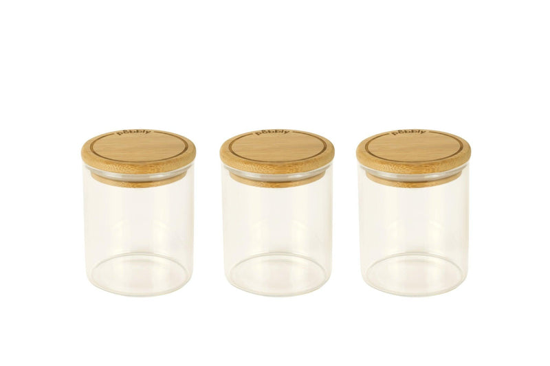 Pebbly - Round Glass Spice Canisters with Bamboo Lids (Set of 3) | 180 mL / 6.1 fl oz Each