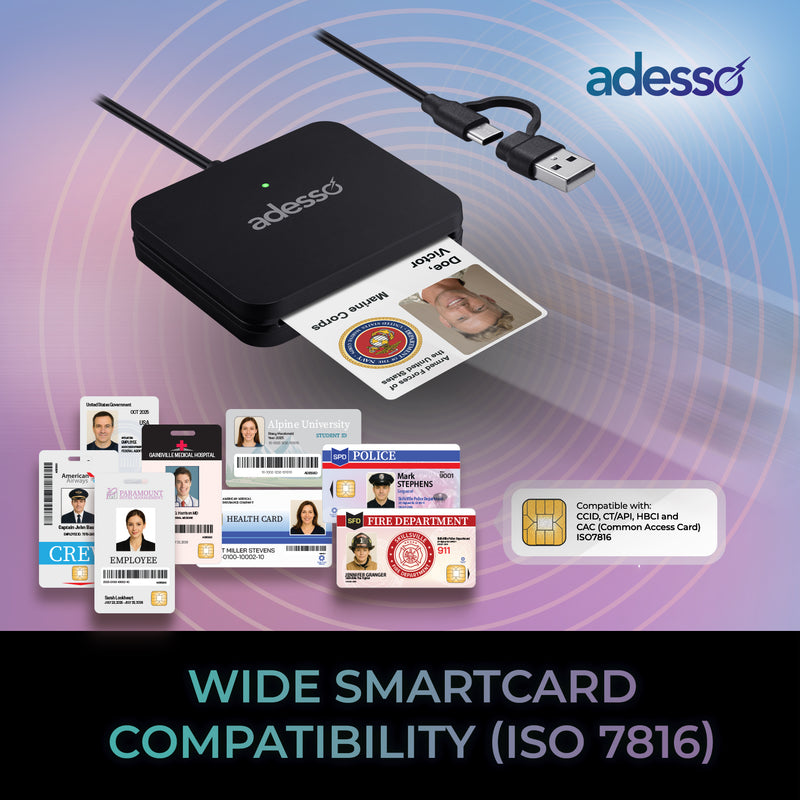 Adesso – Smart Card Reader Desktop USB-C Connectivity with USB-A connector, CAC and Smart Card Compatible, Secure Authentication and Access Control Solution, Plug-and-Play Design