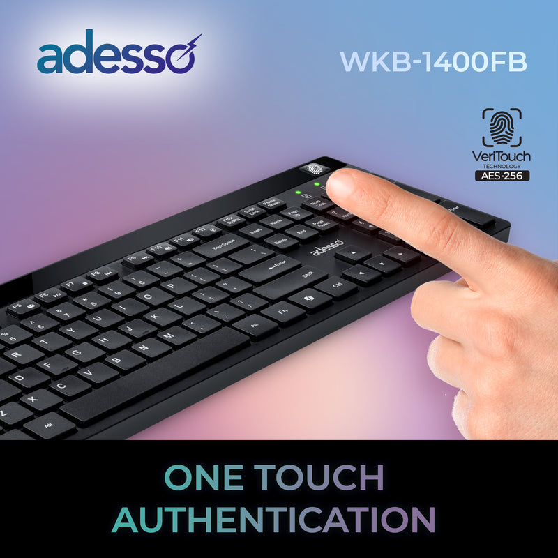 Adesso – Clavier sans fil avec lecteur d'empreintes digitales, sécurité AES-256, PC/Mac – Noir