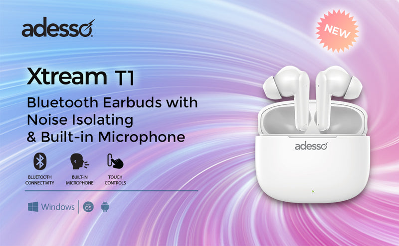 Adesso – Écouteurs Bluetooth 5.3 avec doubles microphones, commandes tactiles, isolation acoustique, boîtier de charge, compatible multiplateforme - Blanc