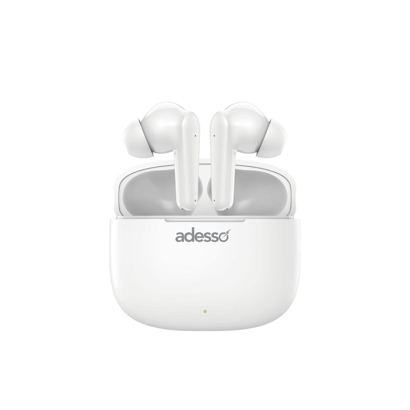 Adesso – Écouteurs Bluetooth 5.3 avec doubles microphones, commandes tactiles, isolation acoustique, boîtier de charge, compatible multiplateforme - Blanc